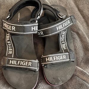 Tommy Hilfiger Black Logo Strap Sandals with White Trim